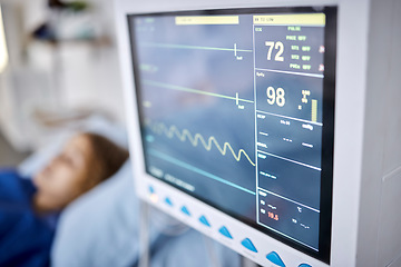 Image showing Healthcare, monitor and heart rate in the hospital with a patient in recovery or in preparation of surgery. Medical, technology and cardiology with a person in the clinic for emergency medicare