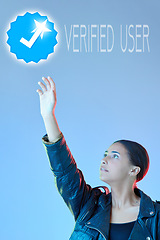 Image showing Woman, invisible screen and verification on social media of identity for security, safety or process to register an online account. Ui, hand of user and click on verified login or virtual dashboard