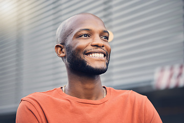 Image showing Black man, smile and thinking outdoor on a city street with a positive mindset, idea and opportunity. Face of happy African person or student on an urban road with casual style and freedom on travel