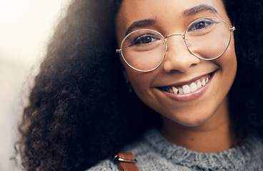 Image showing .Closeup, happy and portrait of a woman with glasses in the city for the weekend, break or fun as a student. Beautiful, fashion and a young girl with stylish, trendy or edgy eyewear for vision.