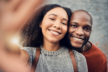 Image showing Face, interracial couple and selfie outdoor, happy and bonding together for memory in urban city. Portrait, smile and African man and woman with profile picture, photography and social media on date