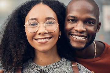 Image showing .Face, African couple and love outdoor, happy and bonding together for support in urban city. Portrait, smile and gen z man and woman with profile picture for care, commitment and trust on date.