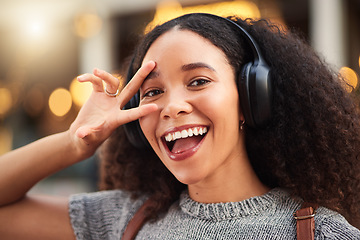 Image showing Peace sign, smile and selfie with woman in city for social media, influencer or blog. Happy, profile picture and post with portrait of person in urban outdoors for live streaming, update or happiness