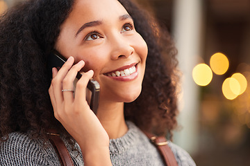 Image showing Phone call, happy and young woman in the city waiting for a cab, lift or public transport. Smile, confident and beautiful female person from Mexico on mobile conversation with cellphone in urban town