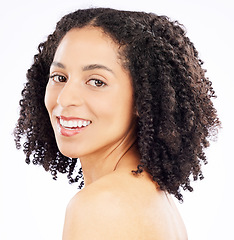 Image showing Beauty, skincare and portrait of black woman on a white background for wellness, health and facial. Dermatology, studio and natural face of happy female person smile for cosmetics, makeup and luxury