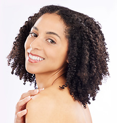 Image showing Beauty, skincare and portrait of black woman on a white background for wellness, health and facial. Dermatology, studio and isolated happy female person smile for cosmetics, makeup and natural face