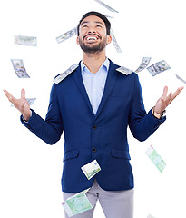 Image showing Happy businessman, money rain and financial freedom from investment or savings against a white studio background. Excited asian man in celebration for winning, lottery or cash prize in happiness