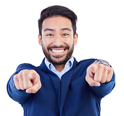 Image showing Happy asian man, portrait and pointing to you for job opportunity, sale or discount against a white studio background. Businessman smile for choice, decision or selection in career growth or goals