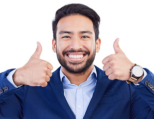 Image showing Happy asian man, portrait and thumbs up for winning, approval or success against a white studio background. Face of businessman smile with like emoji, yes sign or OK in agreement, good job or perfect