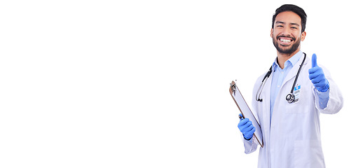 Image showing Happy, doctor and portrait with thumbs up for checklist, support and agreement or to show sign for yes with hand on white background in studio. Thank you, like and ok healthcare mockup with surgeon