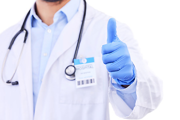 Image showing Man, doctor and thumbs up for healthcare winning, good job or approval against a white studio background. Closeup of male person or medical professional show like emoji, yes sign or okay in agreement