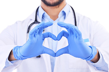 Image showing Man, doctor and heart hands for healthcare, love or care in cardiology against a white studio background. Closeup of male person or medical professional with loving emoji, symbol or sign and shape