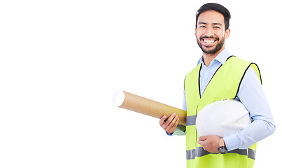 Image showing Happy asian man, portrait and architect on mockup space for construction against white studio background. Male person, engineer or contractor smile with blueprint and hard hat for architecture plan