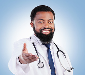 Image showing Portrait, doctor and black man in studio with hand, offer or deal, promo or announcement on blue background. Face, smile and African male healthcare expert with advice, questions or coming soon news