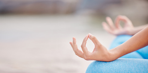 Image showing Woman, hands and yoga on mockup for meditation, spiritual wellness or outdoor zen workout in fitness. Closeup of calm female person in relax on beach for mindfulness, awareness or inner peace