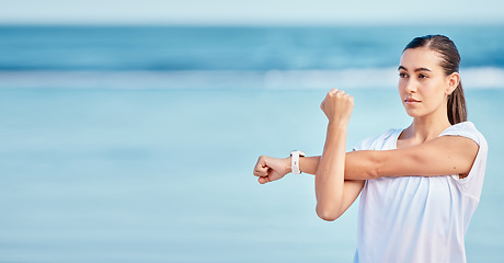 Image showing Woman, fitness and stretching body on beach, mockup space or banner in sports motivation or outdoor workout. Female person or runner in warm up on ocean coast for healthy wellness or exercise outside