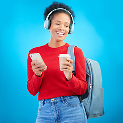 Image showing Phone music, student or happy woman listening to education podcast, streaming radio or audio sound. Headphones song, cellphone or gen z person on coffee break from college learning on blue background