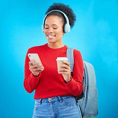 Image showing Phone music, student or happy woman reading education article, online university post and listening to radio podcast. Audio headphones, cellphone or college person on coffee break on blue background
