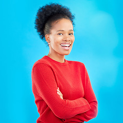 Image showing Happy, smile and portrait of a woman with style and confident isolated in a studio blue background. Casual, outfit and full body of a young female person with stylish, fashion and trendy clothes