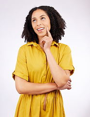 Image showing Thinking, planning and woman with an idea or decision on a choice mindset isolated in a studio pink background. Memory, wondering and young female person with fashion inspiration or solution