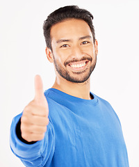 Image showing Thumbs up, portrait and asian man in support, success and winning news in studio. Face of happy model, thumb emoji and like of feedback, good review or vote in agreement of winner on white background