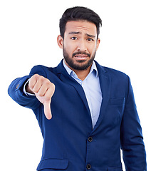 Image showing Thumbs down, fail and portrait of business man in studio reject bad news, emoji sign and white background. Face of asian male employee show negative opinion, wrong decision or sad feedback with hands