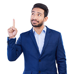 Image showing Business, asian man and pointing up in studio while thinking of ideas, advertising promotion and information on white background. Corporate worker show presentation of announcement, offer and insight