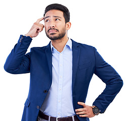 Image showing Business, thinking and confused asian man in studio, white background or doubt of stress, questions and fear of future ideas. Corporate worker worried with brain fog, remember solution and forget why