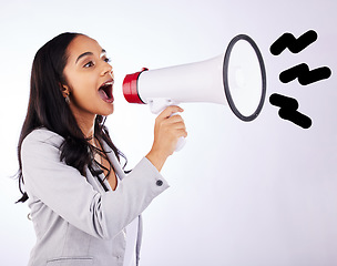 Image showing Business woman, megaphone or announcement in studio, white background and freedom of speech, loud noise and breaking news. Female worker shouting with voice, attention and audio speaker to broadcast