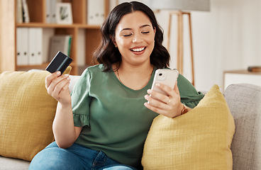 Image showing Phone, credit card and woman on sofa with online shopping and banking at home. Ecommerce, mobile cashback and sale with digital payment on web and easy pay with discount and smile from web checkout