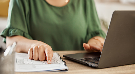 Image showing Home budget, hands and finance check at laptop for bills and schedule planning at home. Computer, information and notebook with a person reading student loan and tax research for money management