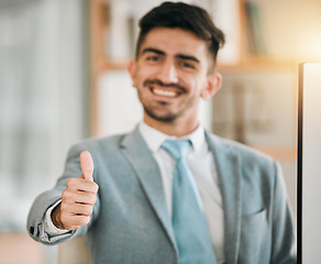 Image showing Portrait of businessman, thumbs up and smile in office with good service, opportunity and job deal for startup entrepreneur. Agreement, business and yes, face of happy man in professional workplace.