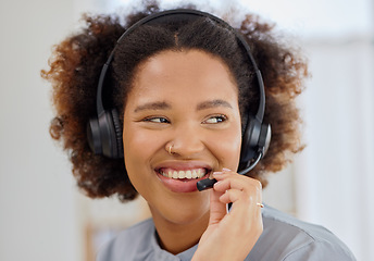 Image showing Call center, smile and face of woman with advice in office, sales and telemarketing in headset. Crm consulting, networking and happy virtual assistant, customer service help desk agent or advisor.
