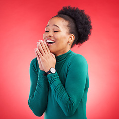 Image showing Thank you, praying and black woman in studio happy, relief and grateful against red background. Blessing, gratitude and African female smile for good news, outcome or results, solution or answer