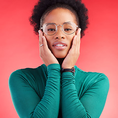 Image showing Woman, portrait and studio with glasses and vision with eye care and health. Face, African female person and model with eyewear, new frame and fashion with modern style and confidence of girl