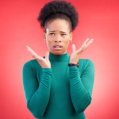 Image showing Confused, thinking and black woman in studio with questions, wtf and pensive gesture on red background. Doubt, why and face of African female asking, unsure and puzzled by choice, decision or problem