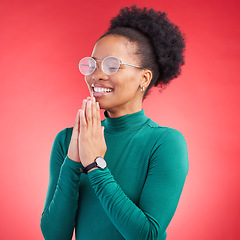 Image showing Prayer, thank you and black woman in studio happy, relief and faith and hope on a red background. Blessing, gratitude and African person smile for good news, outcome or results, solution or answer