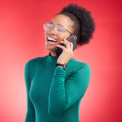 Image showing Happy woman, phone call and laughing for funny joke, meme or conversation against a red studio background. Female person smile and laugh for fun discussion or social media on mobile smartphone