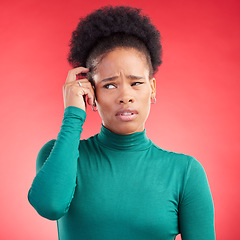 Image showing Confused, thinking and black woman scratching head in studio with choice or decision on red background. Question, why and African lady person with doubt, emoji or idea, solution or problem solving