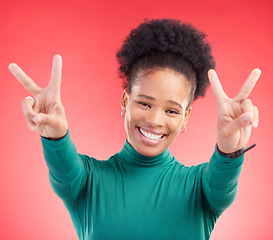 Image showing Happy, portrait and black woman with peace hands in studio with thank you, vote or feedback on red background. V, sign and African lady with good vibes, smile and freedom emoji, support or self love