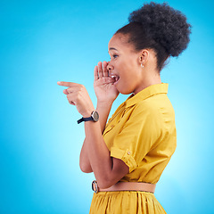 Image showing Secret, whisper and black woman hand pointing in studio for with news or info on blue background. Confidential, announcement and lady with had emoji for promo, deal or coming soon gossip or drama