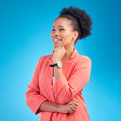 Image showing Thinking, smile and business with black woman in studio for planning, vision and brainstorming. Solution, idea and creative with employee on blue background for entrepreneur, review and decision