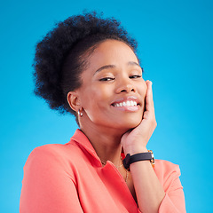 Image showing Happy, smile and business with portrait of black woman in studio for professional, creative and pride. Entrepreneur, career and happiness with female employee on blue background for confidence