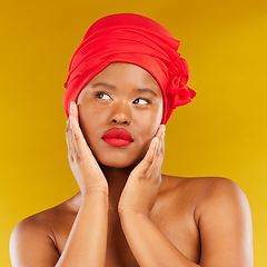 Image showing Face makeup, red lipstick and black woman with natural skincare shine, real aesthetic beauty or anti aging. Studio cosmetics, head scarf and African person touch smooth skin on yellow background