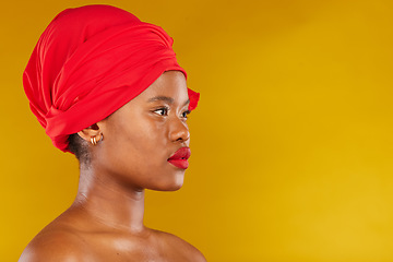 Image showing Beauty, makeup and headscarf with profile of black woman in studio for facial, creative and pride. Skincare, salon and natural with female model on brown background for wellness, self care and glow