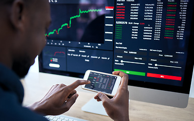 Image showing Phone, computer and corporate man with stock market statistics, NFT insight or investment data of IPO fintech company. Crypto trading, economy and African male trader reading finance accounting info