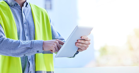 Image showing Tablet, architecture and hands of man in city for planning, project management and building. Inspection, engineering and contractor with closeup of person on construction site for digital and mockup