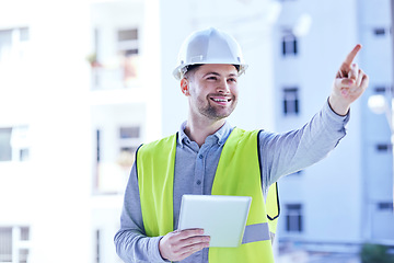 Image showing Tablet, architecture and smile with man in city for planning, project management and building. Inspection, engineering and contractor with person on construction site for digital and technology