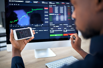 Image showing Phone, computer and corporate man with stock exchange numbers, NFT insight or investment data of crypto growth. Administration, cellphone screen or African person reading finance chart, stats or info