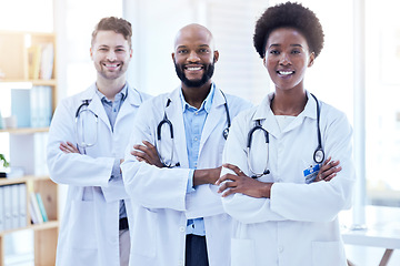 Image showing Doctors, team and arms crossed with health, diversity and cardiology, surgeon group collaboration in portrait. Confident, solidarity in cardiovascular healthcare and professional people in medicine